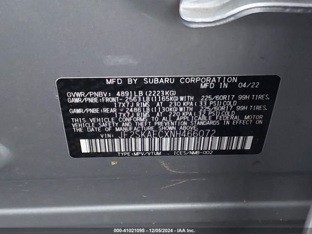 Photo 8 VIN: JF2SKAECXNH466072 - SUBARU FORESTER 