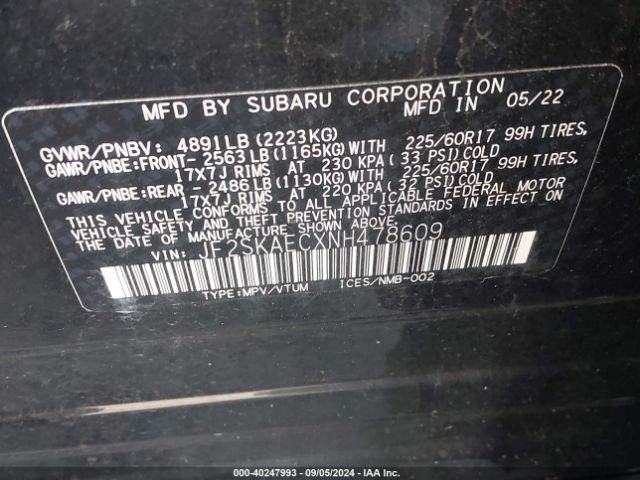 Photo 8 VIN: JF2SKAECXNH478609 - SUBARU FORESTER 