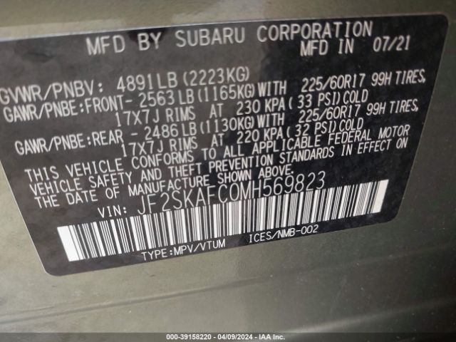 Photo 8 VIN: JF2SKAFC0MH569823 - SUBARU FORESTER 