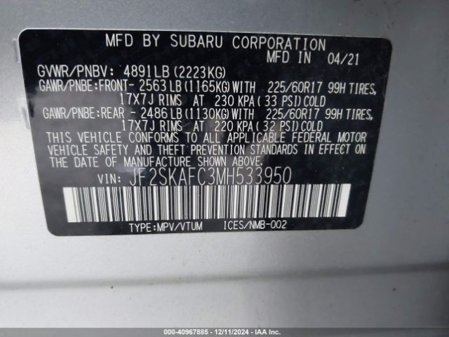 Photo 8 VIN: JF2SKAFC3MH533950 - SUBARU FORESTER 