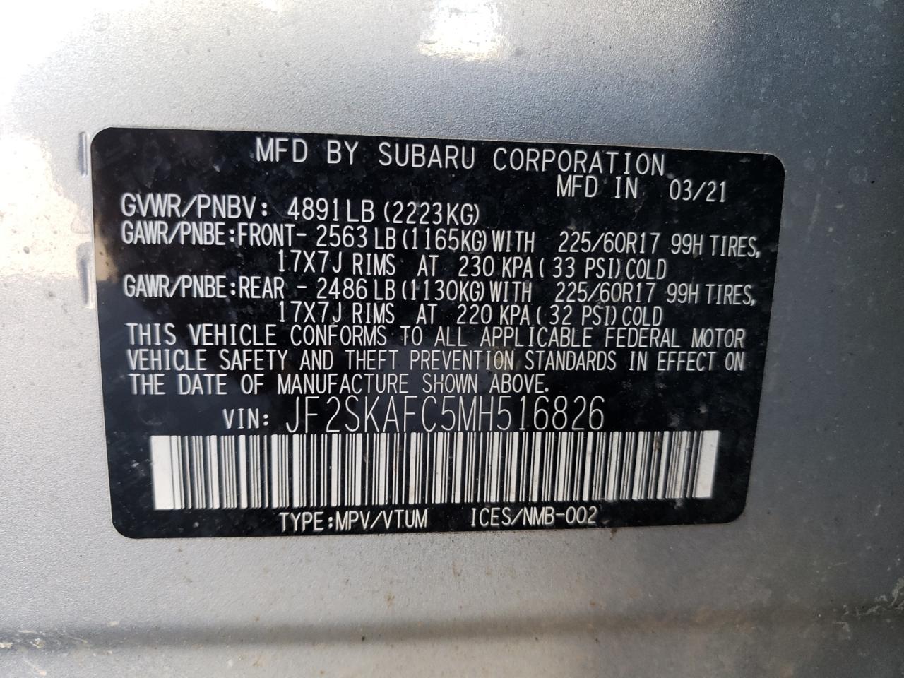 Photo 12 VIN: JF2SKAFC5MH516826 - SUBARU FORESTER 