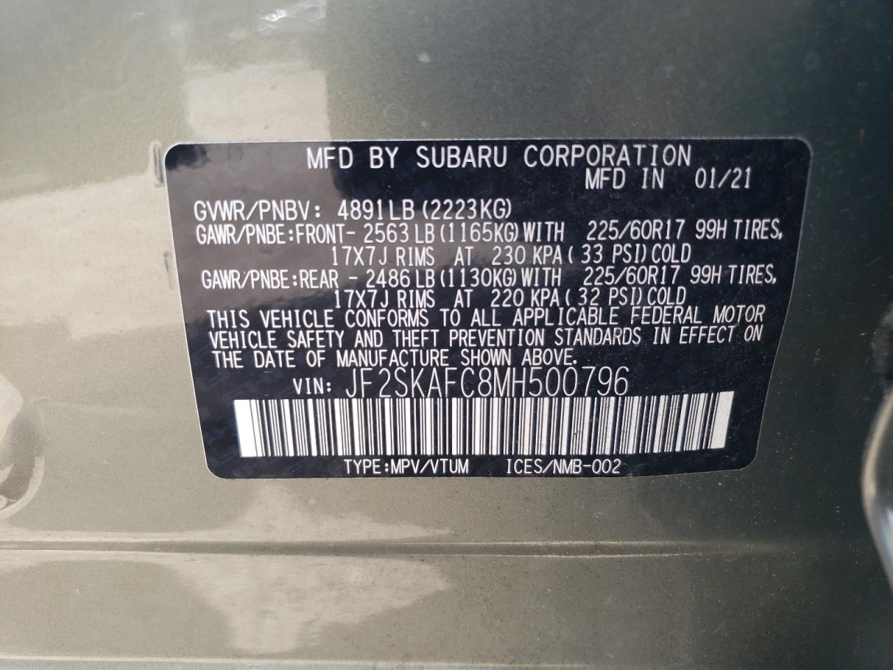 Photo 12 VIN: JF2SKAFC8MH500796 - SUBARU FORESTER 