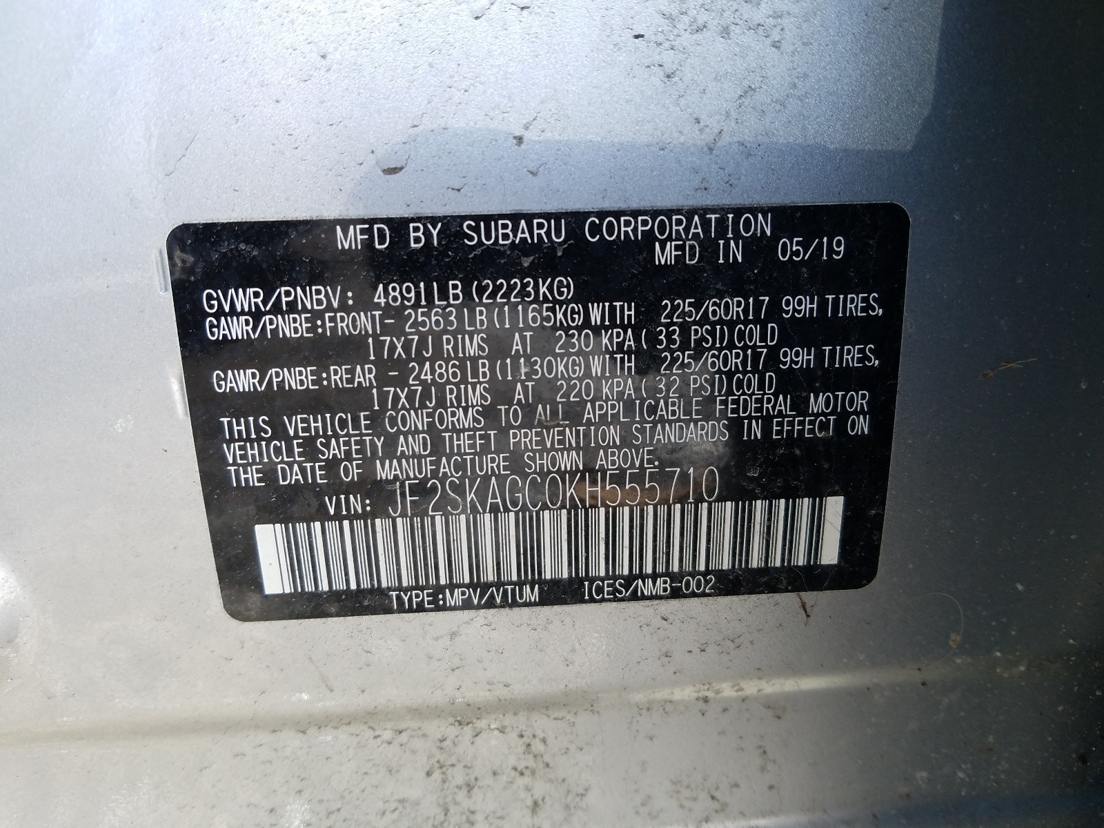 Photo 9 VIN: JF2SKAGC0KH555710 - SUBARU FORESTER P 