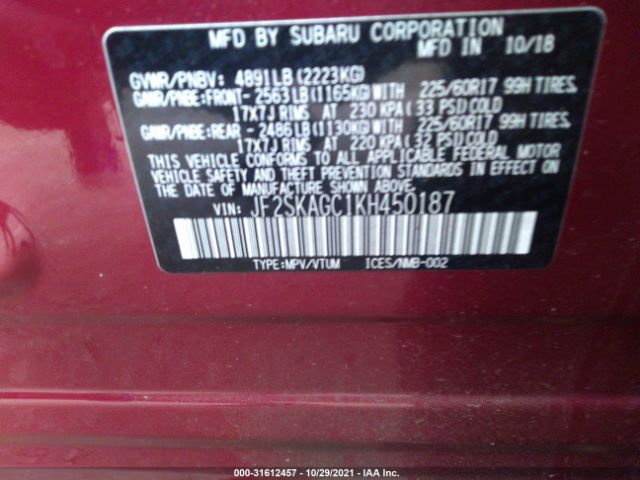 Photo 8 VIN: JF2SKAGC1KH450187 - SUBARU FORESTER 