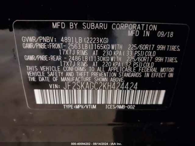 Photo 8 VIN: JF2SKAGC2KH424424 - SUBARU FORESTER 