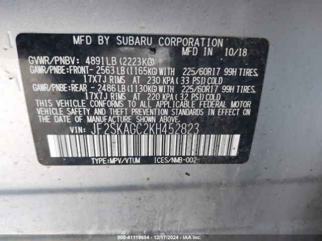 Photo 8 VIN: JF2SKAGC2KH452823 - SUBARU FORESTER 