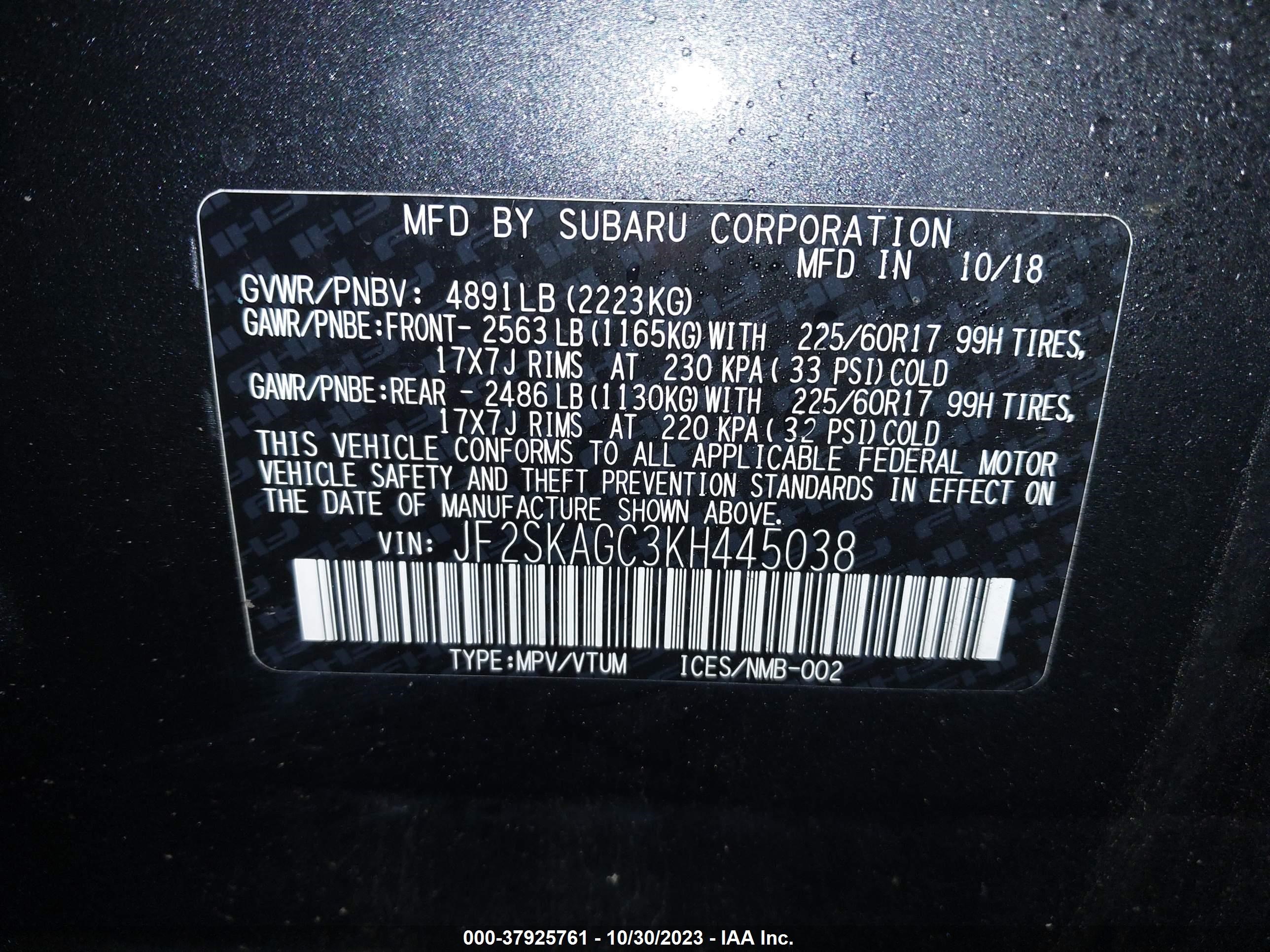 Photo 8 VIN: JF2SKAGC3KH445038 - SUBARU FORESTER 