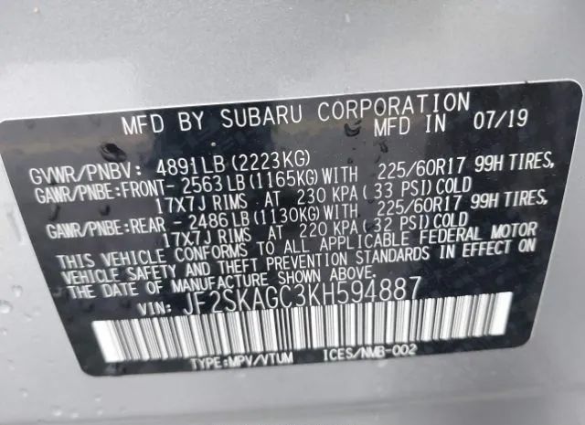 Photo 8 VIN: JF2SKAGC3KH594887 - SUBARU FORESTER 