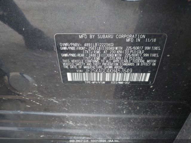 Photo 8 VIN: JF2SKAGC4KH457649 - SUBARU FORESTER 