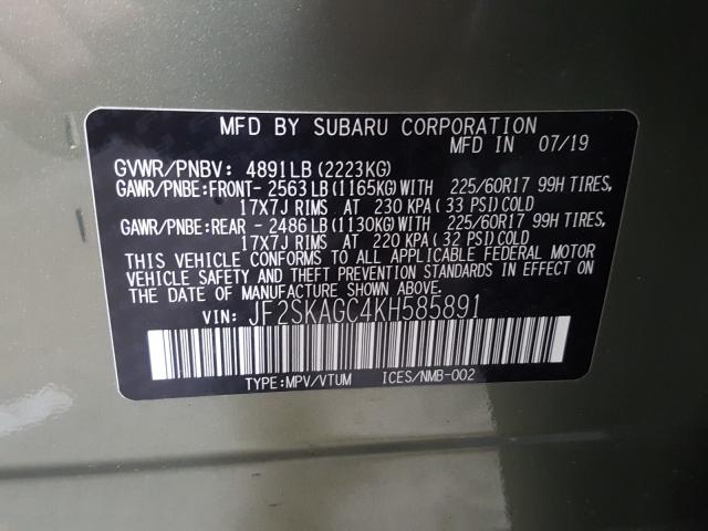 Photo 9 VIN: JF2SKAGC4KH585891 - SUBARU FORESTER P 