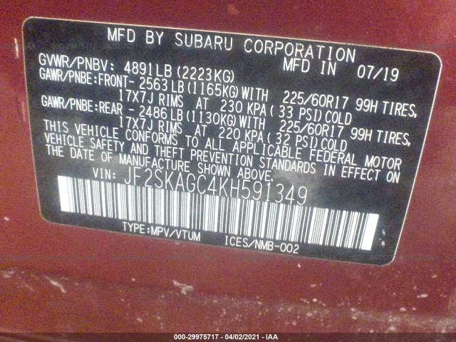 Photo 8 VIN: JF2SKAGC4KH591349 - SUBARU FORESTER 