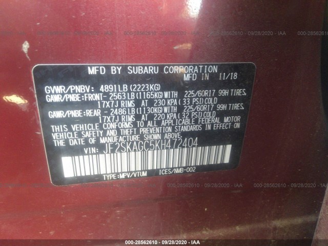 Photo 8 VIN: JF2SKAGC5KH472404 - SUBARU FORESTER 