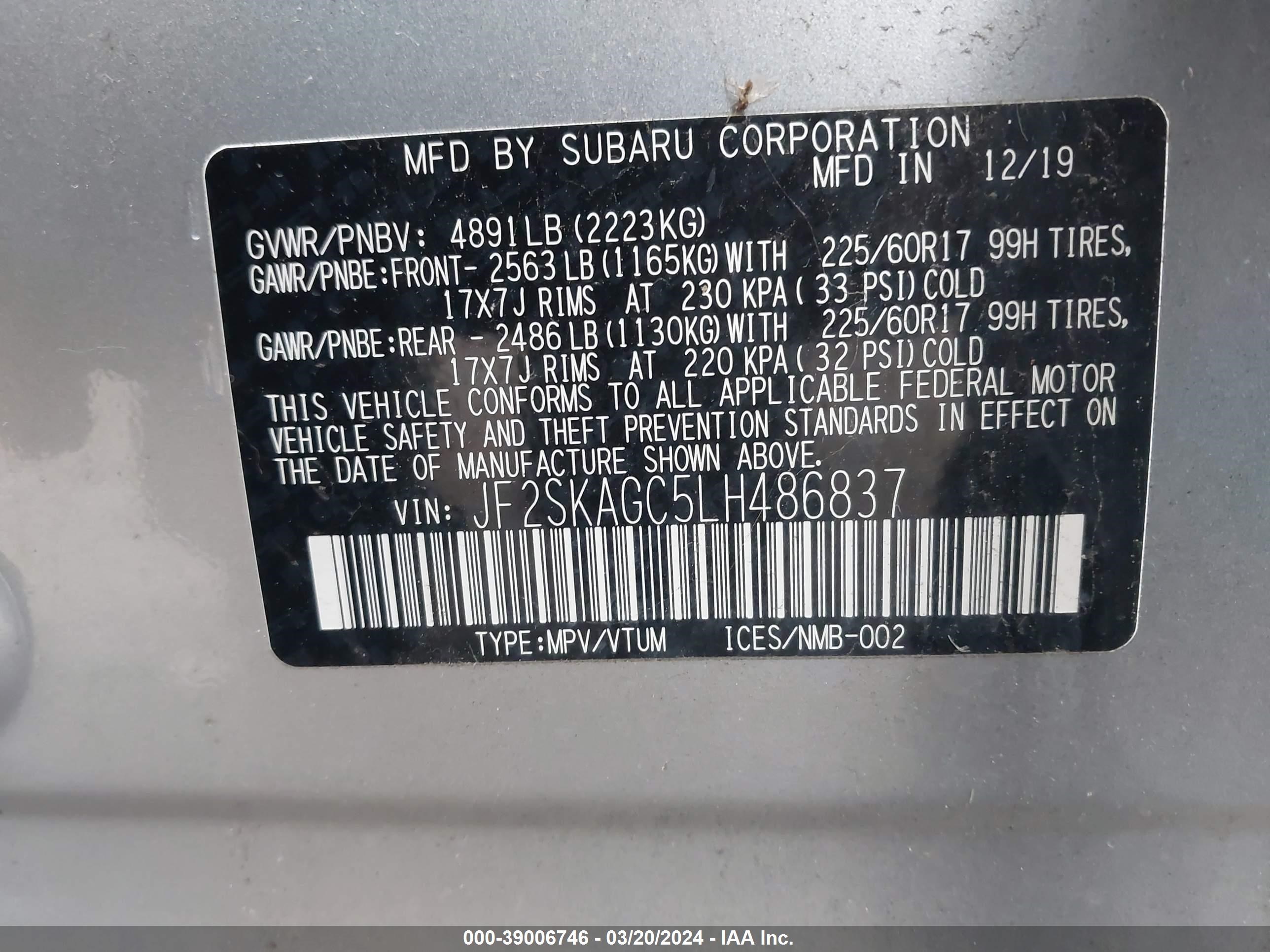 Photo 8 VIN: JF2SKAGC5LH486837 - SUBARU FORESTER 