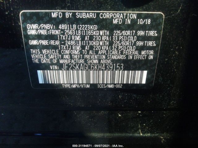 Photo 8 VIN: JF2SKAGC6KH439153 - SUBARU FORESTER 