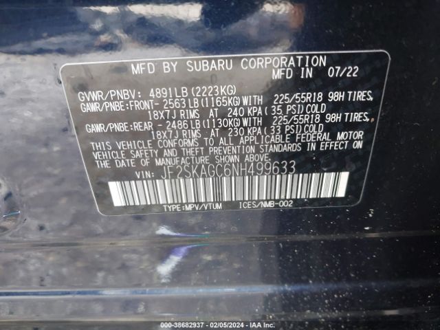 Photo 8 VIN: JF2SKAGC6NH499633 - SUBARU FORESTER 