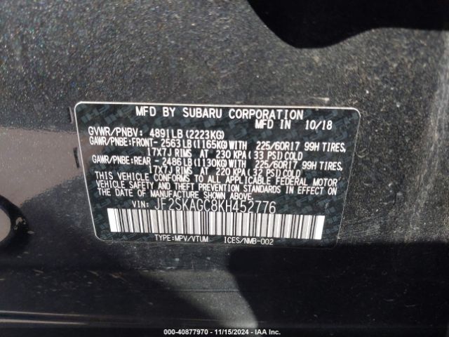 Photo 8 VIN: JF2SKAGC8KH452776 - SUBARU FORESTER 