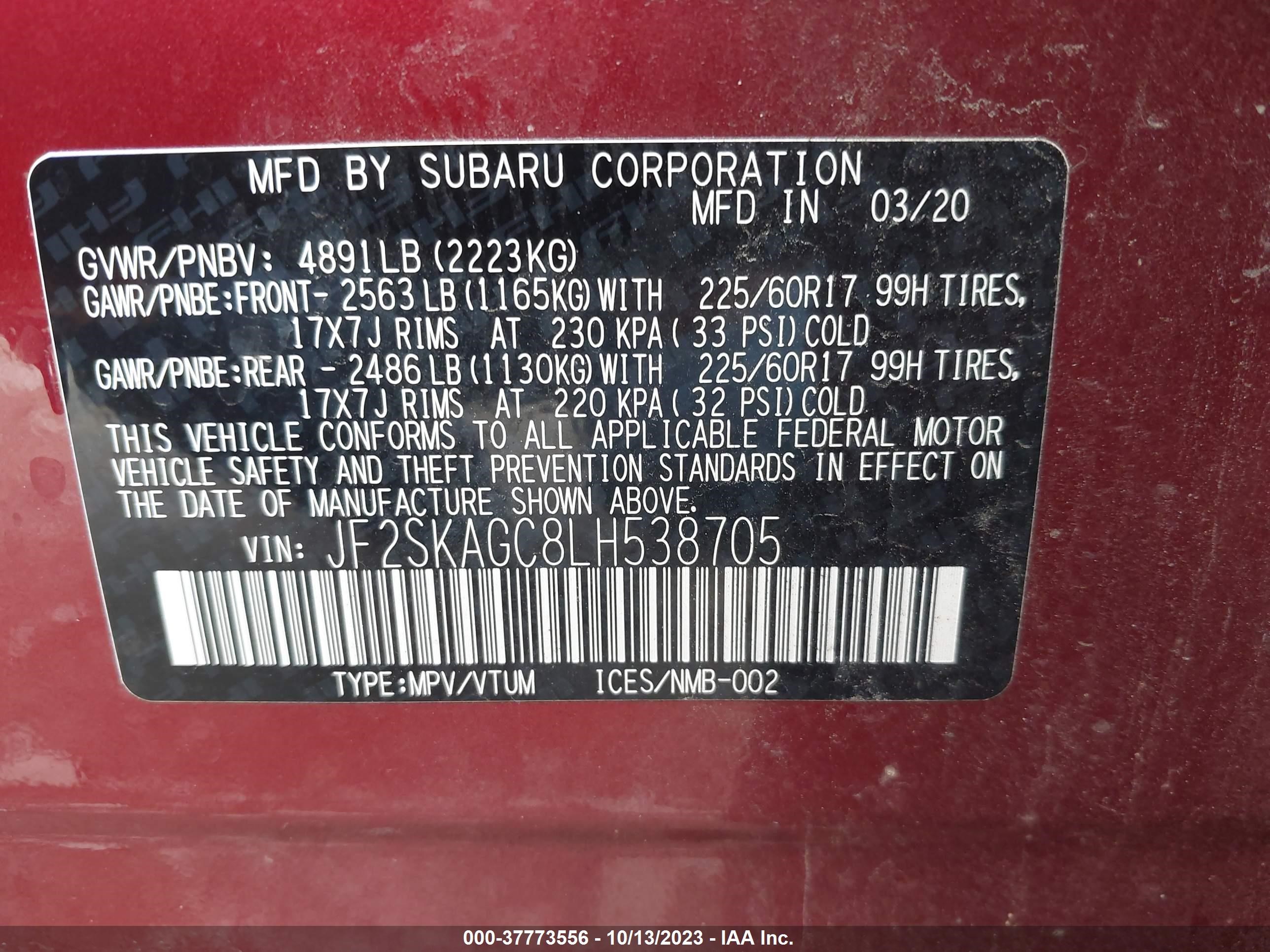 Photo 8 VIN: JF2SKAGC8LH538705 - SUBARU FORESTER 