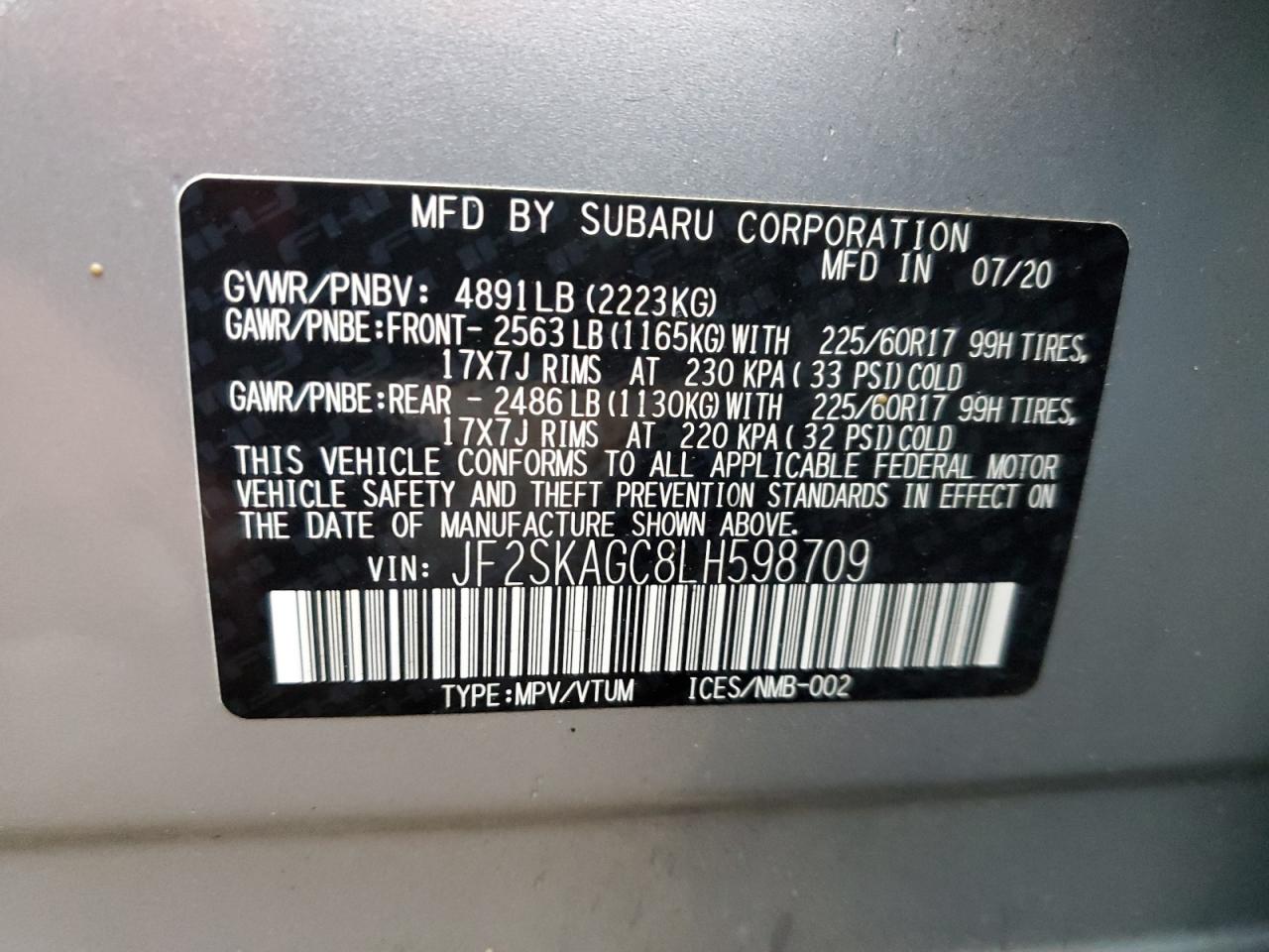 Photo 11 VIN: JF2SKAGC8LH598709 - SUBARU FORESTER 