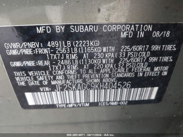 Photo 8 VIN: JF2SKAGC9KH404526 - SUBARU FORESTER 