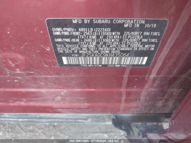 Photo 8 VIN: JF2SKAGC9KH435064 - SUBARU FORESTER 