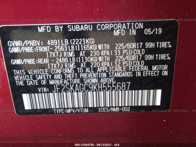 Photo 8 VIN: JF2SKAGC9KH555687 - SUBARU FORESTER 