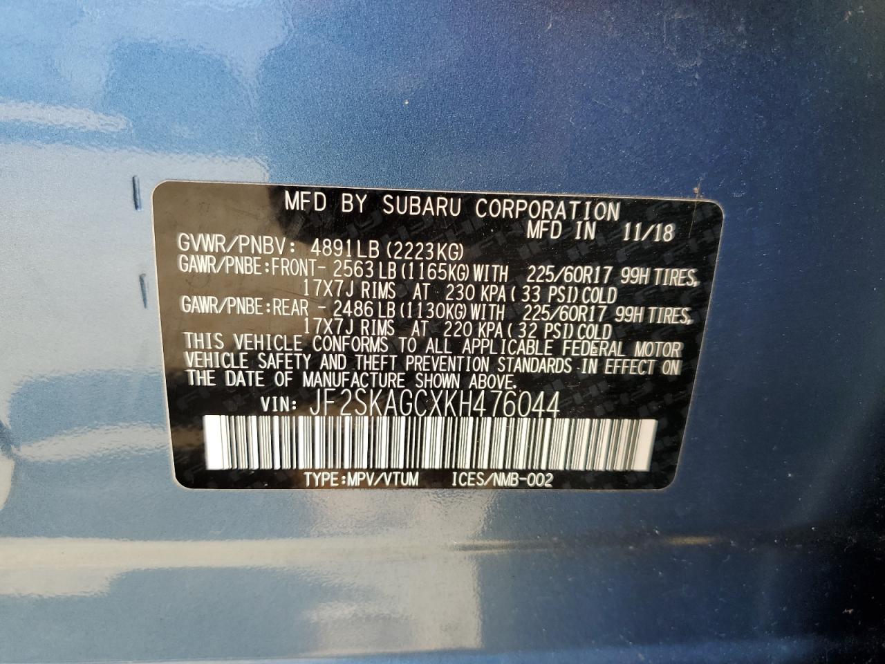 Photo 12 VIN: JF2SKAGCXKH476044 - SUBARU FORESTER 