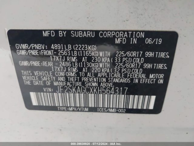 Photo 8 VIN: JF2SKAGCXKH564317 - SUBARU FORESTER 