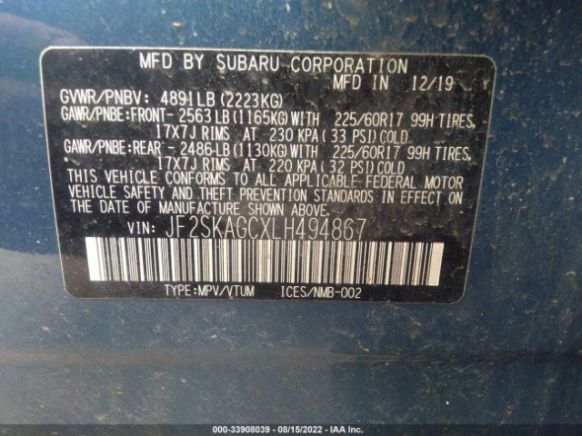 Photo 8 VIN: JF2SKAGCXLH494867 - SUBARU FORESTER 