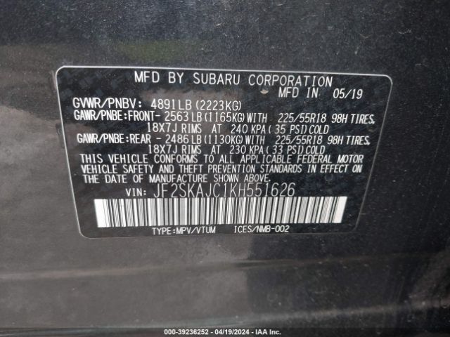 Photo 8 VIN: JF2SKAJC1KH551626 - SUBARU FORESTER 