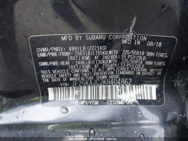 Photo 8 VIN: JF2SKAJC2KH404862 - SUBARU FORESTER 