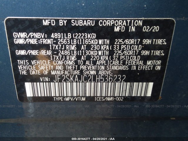 Photo 8 VIN: JF2SKAJC2LH536232 - SUBARU FORESTER 