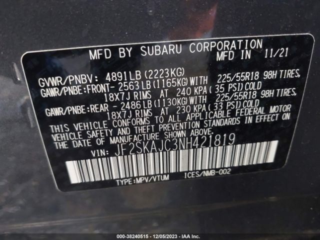 Photo 8 VIN: JF2SKAJC3NH421819 - SUBARU FORESTER 