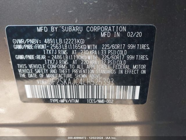 Photo 8 VIN: JF2SKAJC4LH525393 - SUBARU FORESTER 