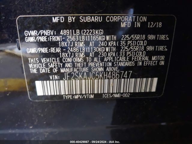 Photo 8 VIN: JF2SKAJC5KH486747 - SUBARU FORESTER 