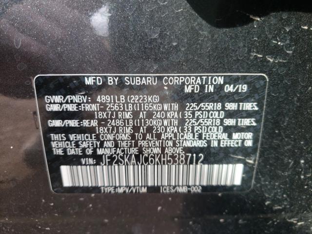 Photo 9 VIN: JF2SKAJC6KH538712 - SUBARU FORESTER S 