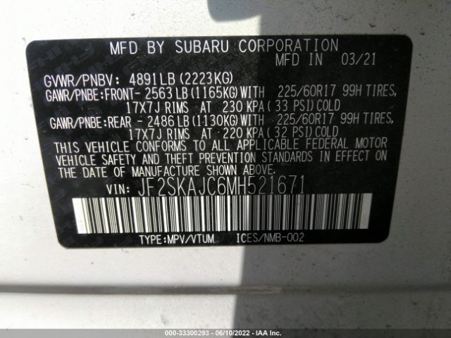 Photo 8 VIN: JF2SKAJC6MH521671 - SUBARU FORESTER 