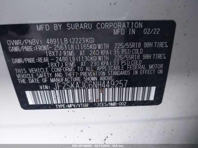 Photo 8 VIN: JF2SKAJC6NH449257 - SUBARU FORESTER 