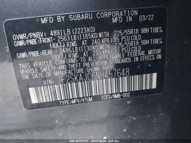 Photo 8 VIN: JF2SKAJC6NH457648 - SUBARU FORESTER 