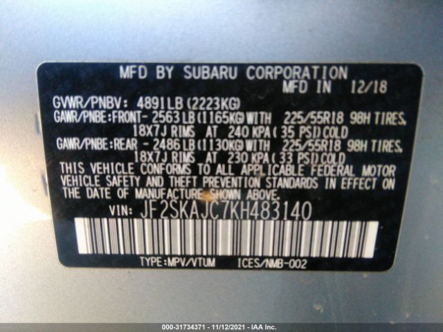 Photo 8 VIN: JF2SKAJC7KH483140 - SUBARU FORESTER 