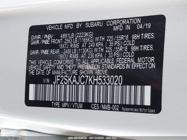 Photo 8 VIN: JF2SKAJC7KH533020 - SUBARU FORESTER 