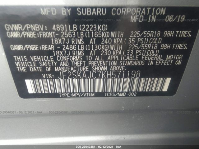 Photo 8 VIN: JF2SKAJC7KH571198 - SUBARU FORESTER 