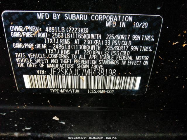 Photo 8 VIN: JF2SKAJC7MH438198 - SUBARU FORESTER 