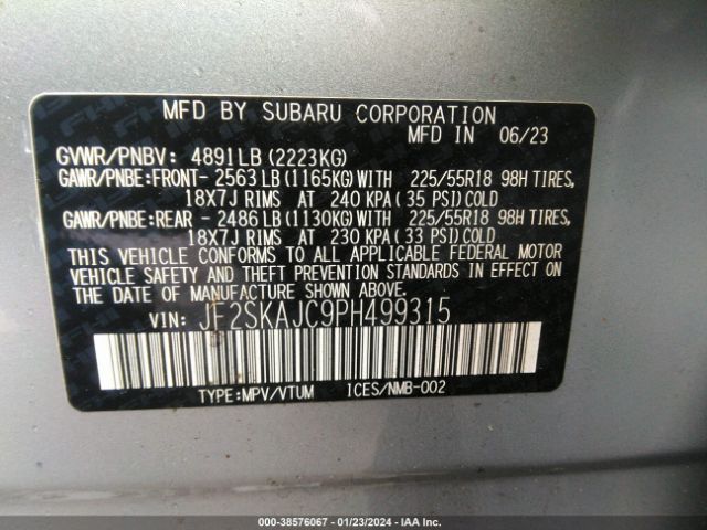 Photo 8 VIN: JF2SKAJC9PH499315 - SUBARU FORESTER 