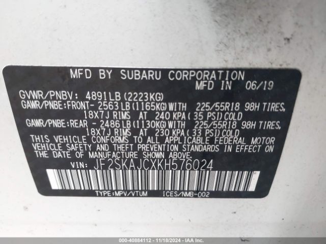 Photo 8 VIN: JF2SKAJCXKH576024 - SUBARU FORESTER 