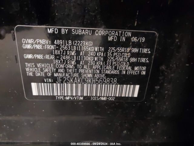 Photo 8 VIN: JF2SKAKC9KH569838 - SUBARU FORESTER 