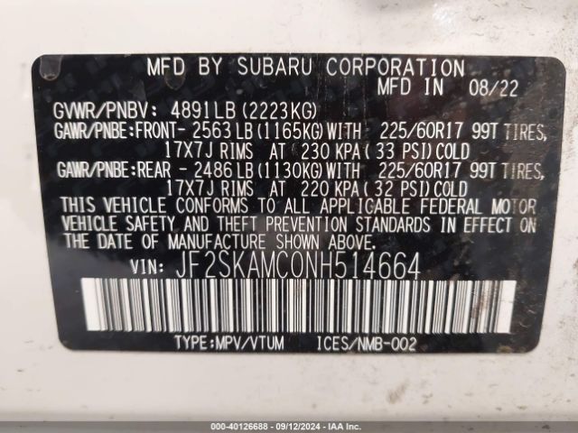 Photo 8 VIN: JF2SKAMC0NH514664 - SUBARU FORESTER 