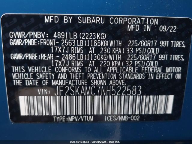 Photo 8 VIN: JF2SKAMC7NH522583 - SUBARU FORESTER 