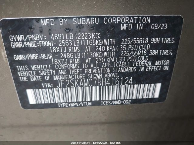 Photo 8 VIN: JF2SKAMC7RH416124 - SUBARU FORESTER 