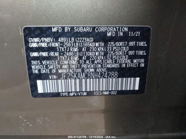 Photo 8 VIN: JF2SKAMC8NH424288 - SUBARU FORESTER 