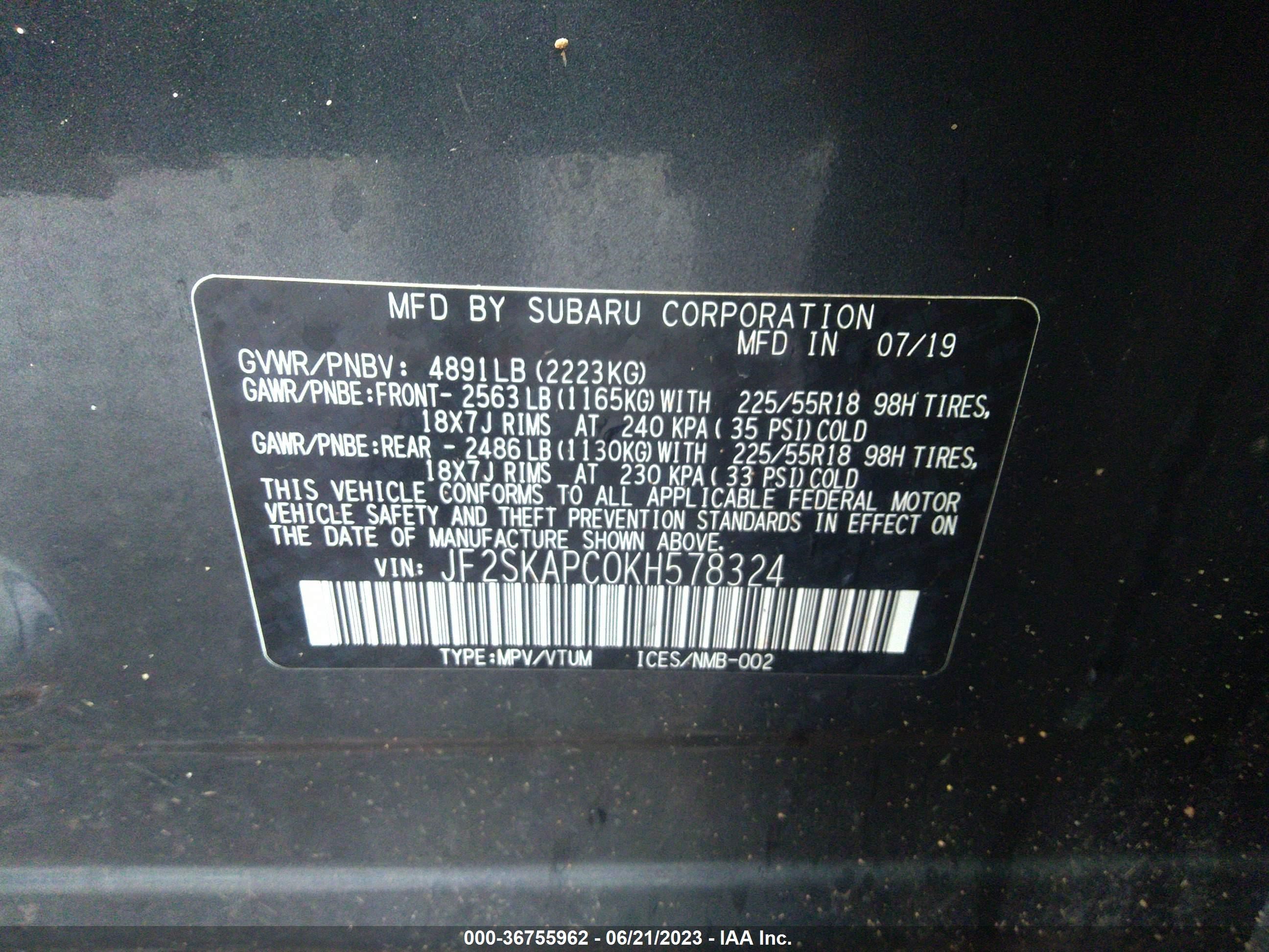 Photo 8 VIN: JF2SKAPC0KH578324 - SUBARU FORESTER 